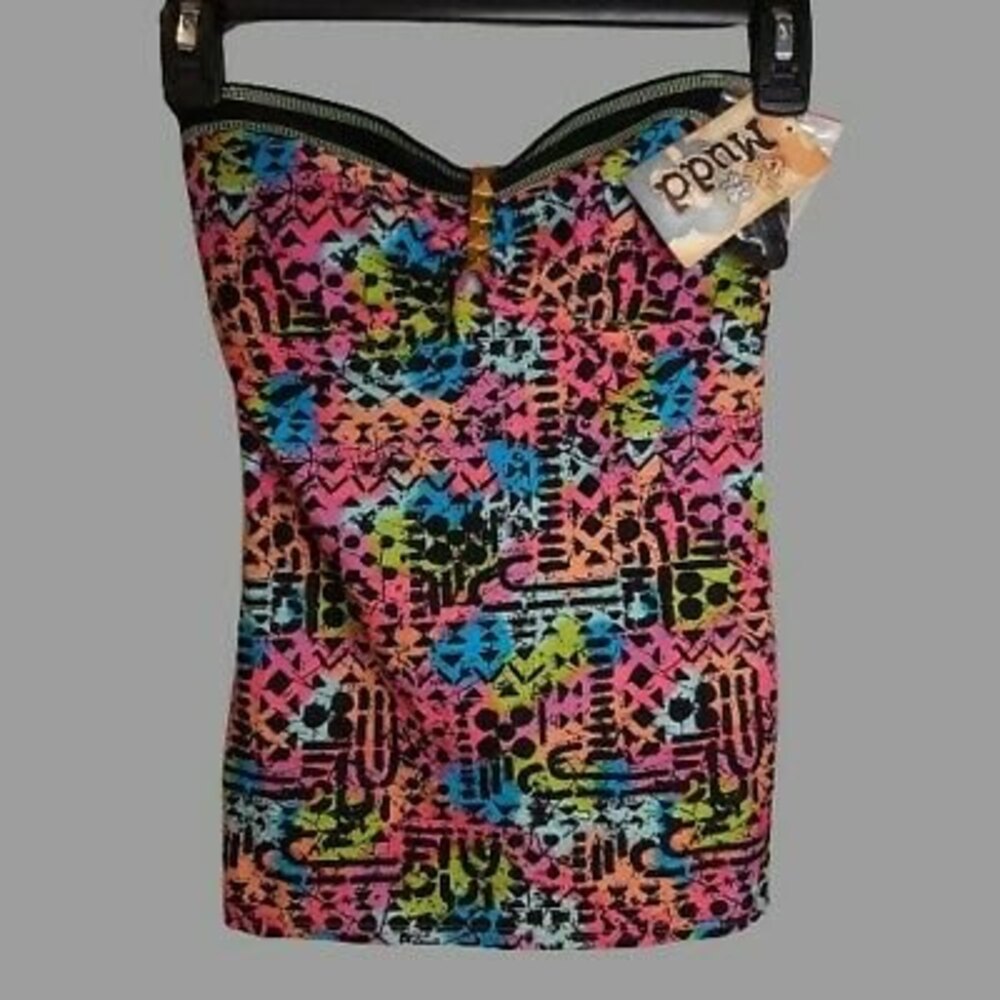 NWT Mudd XS Swimsuit Bathing Suit Separates - TOP ONLY Tankini Geometric Neon